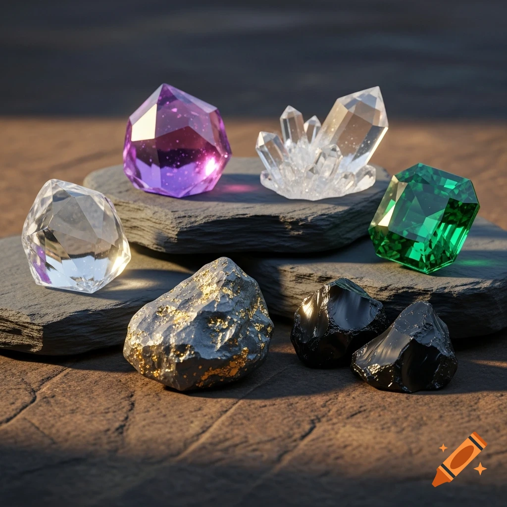 A close-up shot of various colorful crystals and rough minerals on dark slate rocks, with warm lighting.