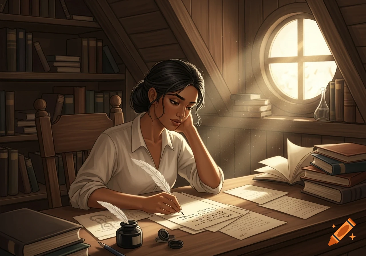 A dark-haired woman in a white shirt writes with a quill at a wooden desk in a sunlit attic study, surrounded by books.
