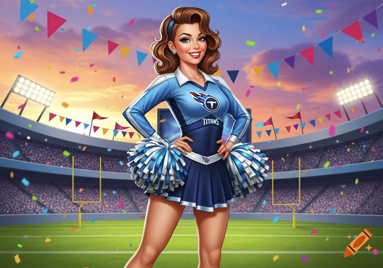 A smiling cartoon pinup girl in a blue Tennessee Titans cheerleader uniform with pom-poms poses in a stadium at sunset.