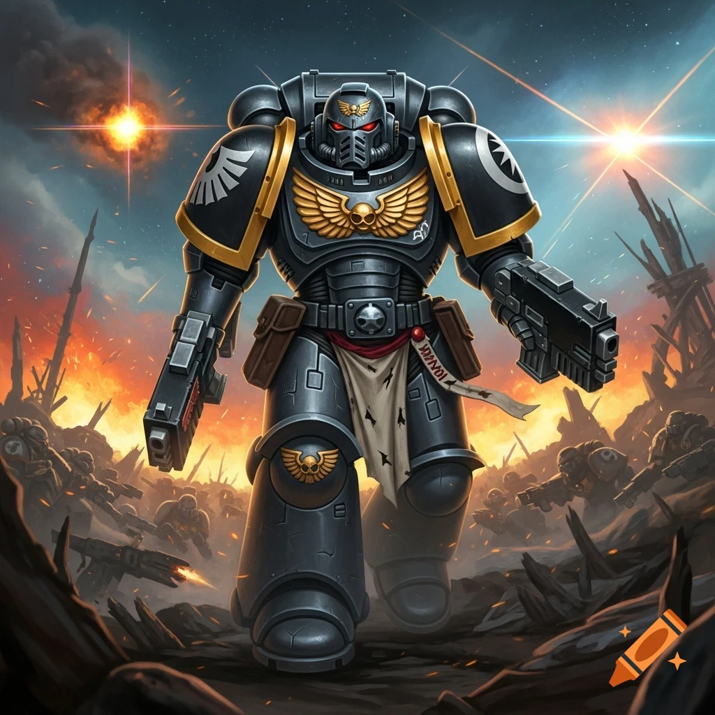 A heavily armored dark grey and black Space Marine with yellow trims and Imperial markings stands in a fiery battleground, holding two guns.