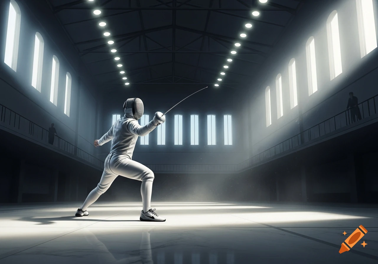 A fencer in an all-white uniform with a mask and foil lunges forward in a grand, dimly lit arena with bright overhead lights and windows.