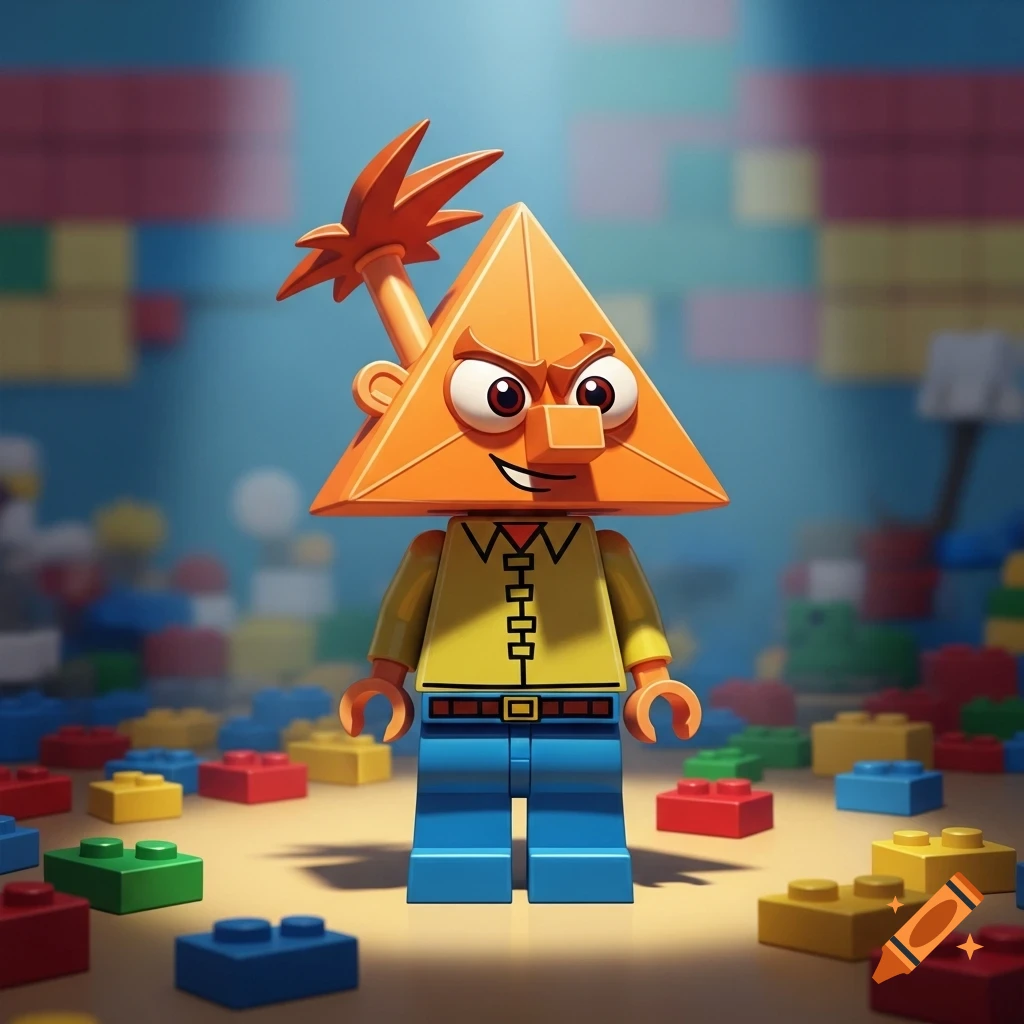An orange triangular-headed Lego minifigure resembling Phineas, wearing a yellow shirt and blue pants, standing among scattered colorful Lego bricks.
