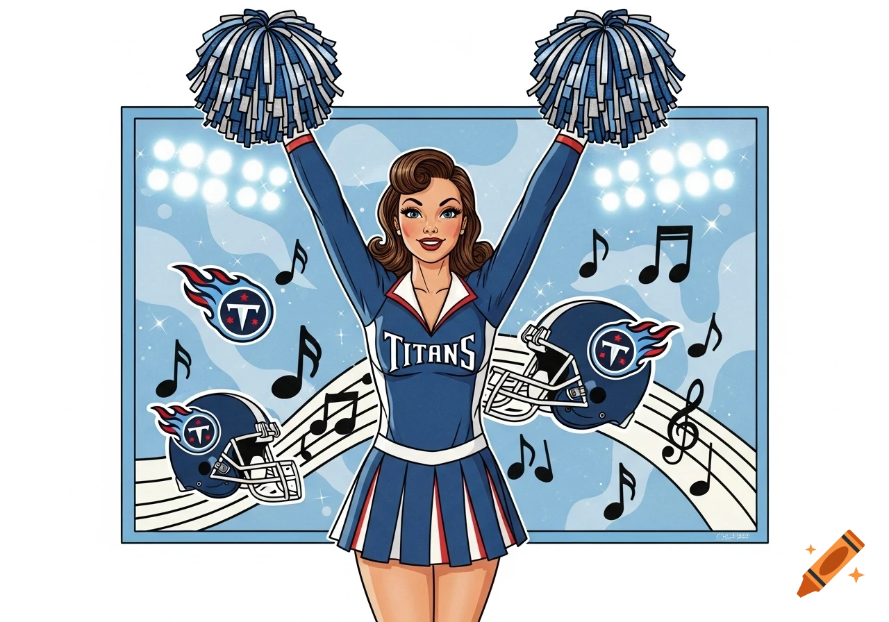 A cartoon pinup girl cheerleader in a blue and white Titans uniform, holding pom-poms, against a light blue background with music notes and football helmets.
