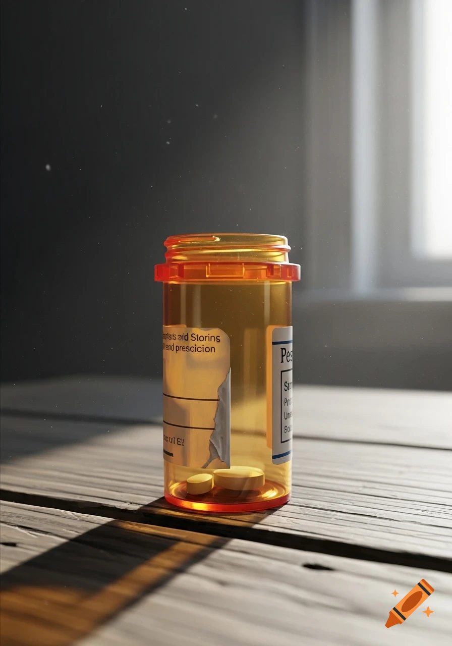 An orange pill bottle with yellow pills sits on a wooden surface, illuminated by sunlight from a window, in a digital painting.