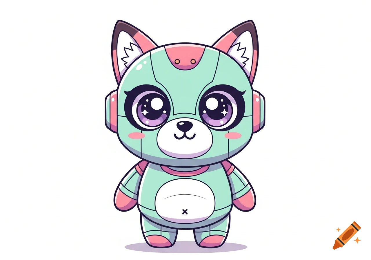 A cute pastel mint green and pink chibi robot bear character with large purple eyes and fox ears, in a kawaii cartoon style.