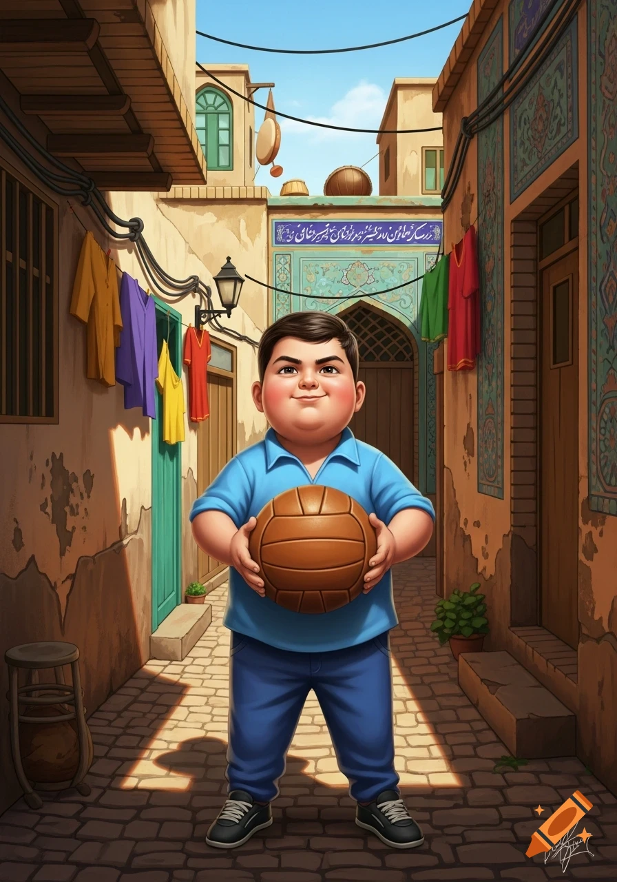 A cartoon boy with a proud expression holds a vintage football in a vibrant Middle Eastern alley with colorful clothes drying.