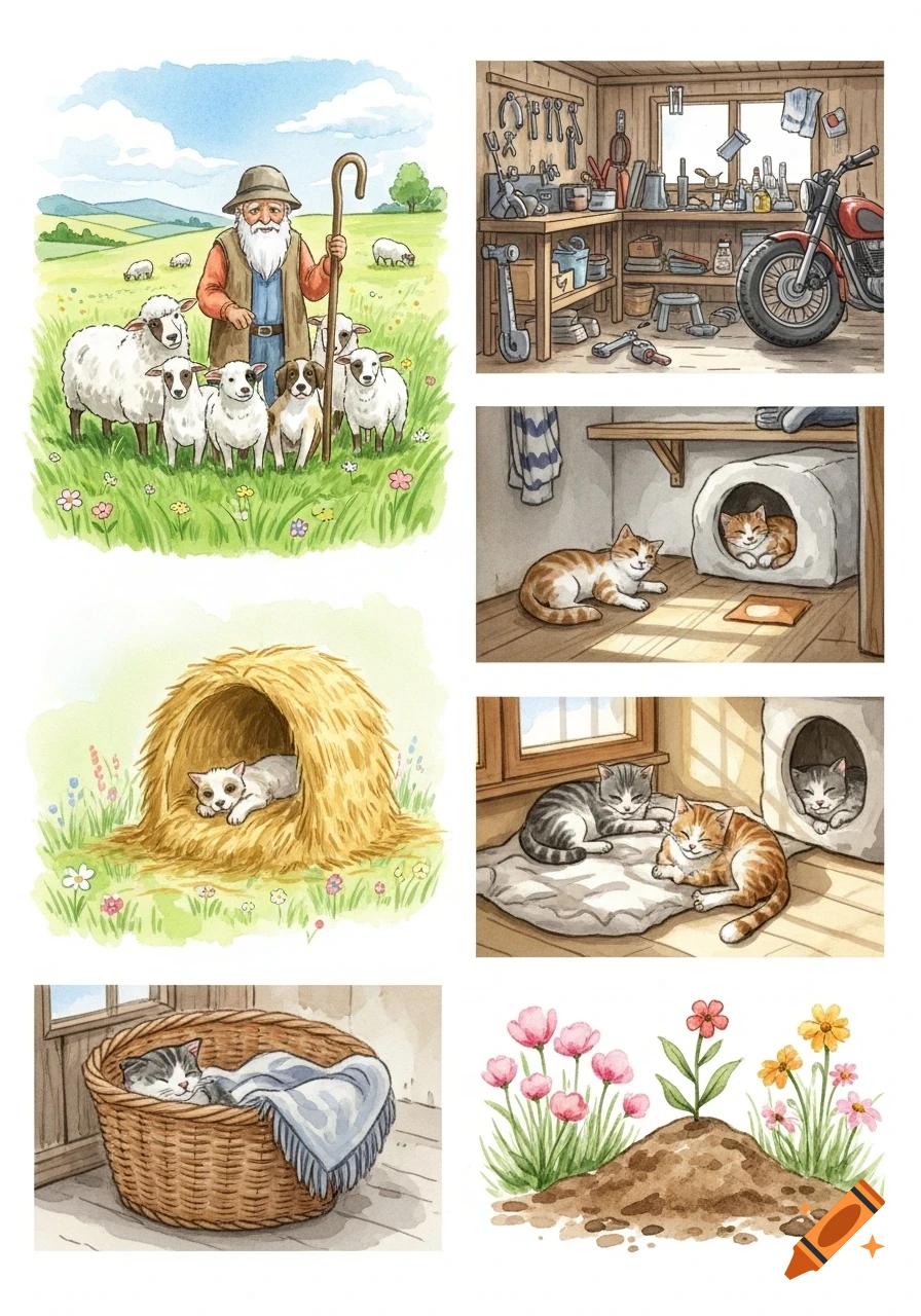 A collage of watercolor illustrations featuring a shepherd with animals, workshop, sleeping cats, and flowers.