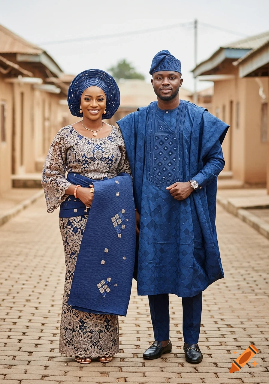 Photorealistic portrait of a smiling man and woman in elaborate blue and gold traditional Yoruba attire, standing on a paved street.