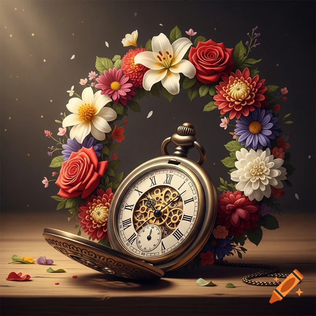 A vintage gold pocket watch with Roman numerals, surrounded by a vibrant wreath of colorful flowers, on a wooden table.