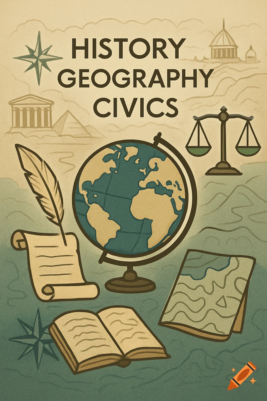 Vintage-style illustration with 'HISTORY GEOGRAPHY CIVICS' text, a globe, book, quill, scroll, scales, and ancient landmarks.