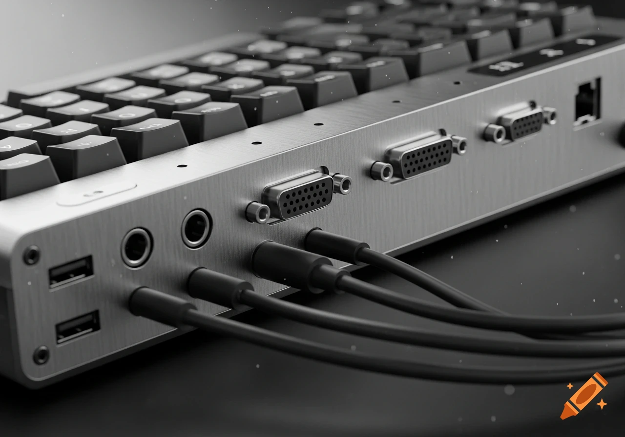 Close-up of the brushed metal back of a mechanical keyboard with various ports and black cables plugged in, photorealistic.