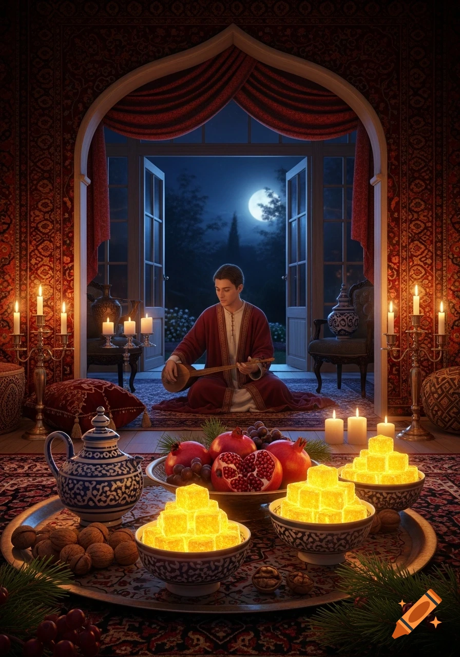 A man plays a string instrument in an ornate, candlelit room at night, with a table of pomegranates and glowing sweets, and a full moon outside.