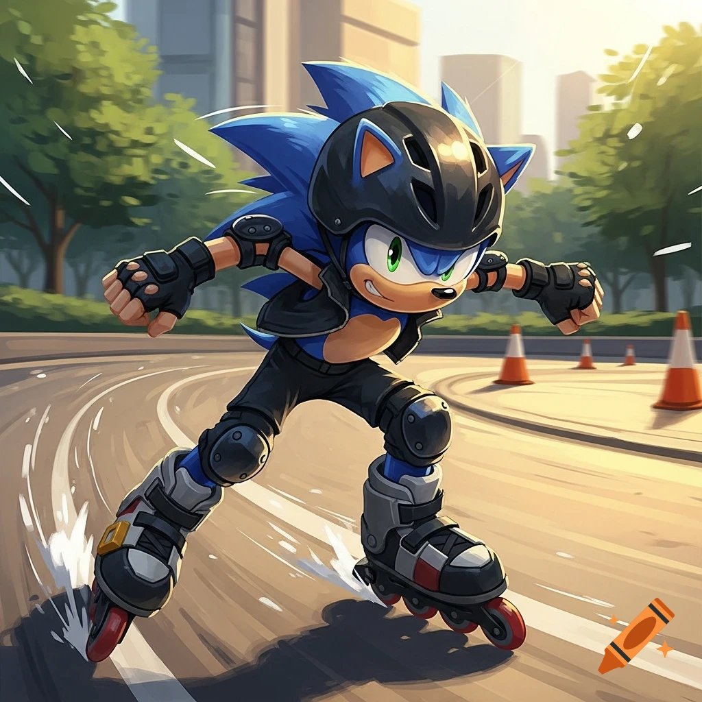 Sonic the Hedgehog rollerblading in black protective gear on a curved road, with city buildings and traffic cones in the background, in an animated style.