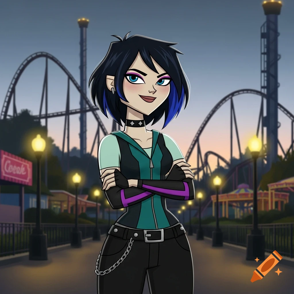 An animated female character with dark blue-streaked hair, a choker, and a teal and black outfit, standing with arms crossed in front of a roller coaster and amusement park at dusk.
