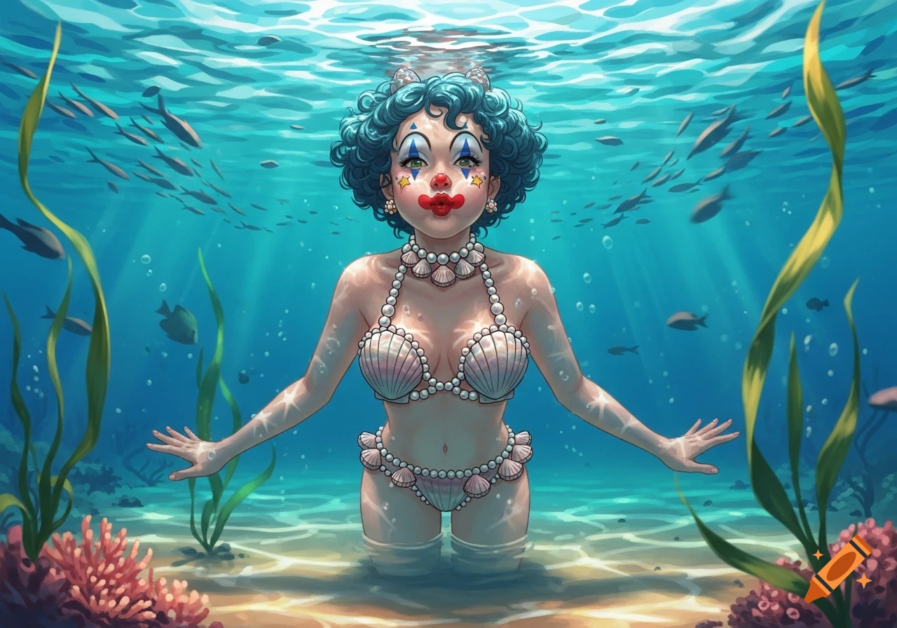 A cartoonish clown girl with blue curly hair and clown makeup stands underwater in a shell bikini, surrounded by fish and coral.