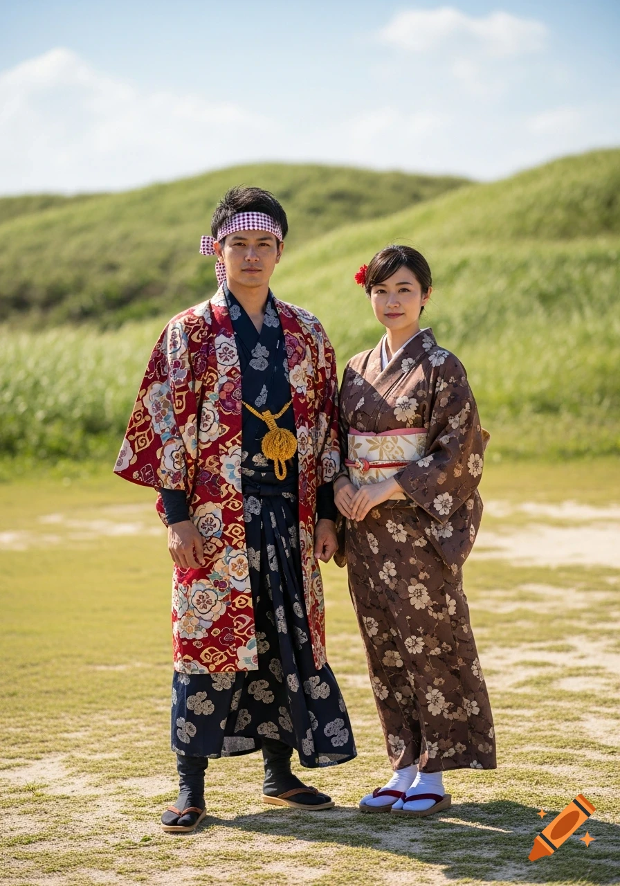 A man and a woman in traditional Ryukyuan attire stand side-by-side outdoors on a grassy hill, under a clear sky.