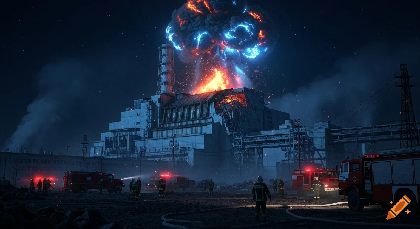Photorealistic night scene of a nuclear power plant after a massive explosion, with fire, smoke, and emergency vehicles.