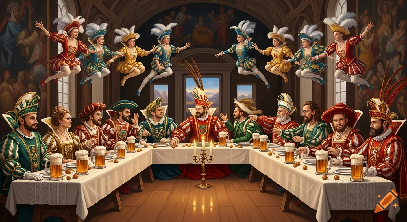 A vibrant baroque painting of men in elaborate carnival costumes feasting at a long table with beer, while costumed women float above them.