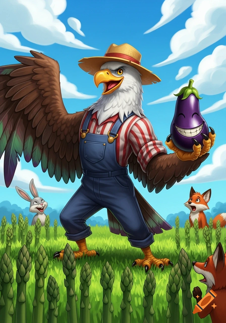 A cartoon eagle farmer in a straw hat and overalls holds a smiling eggplant in an asparagus field with a rabbit and foxes.