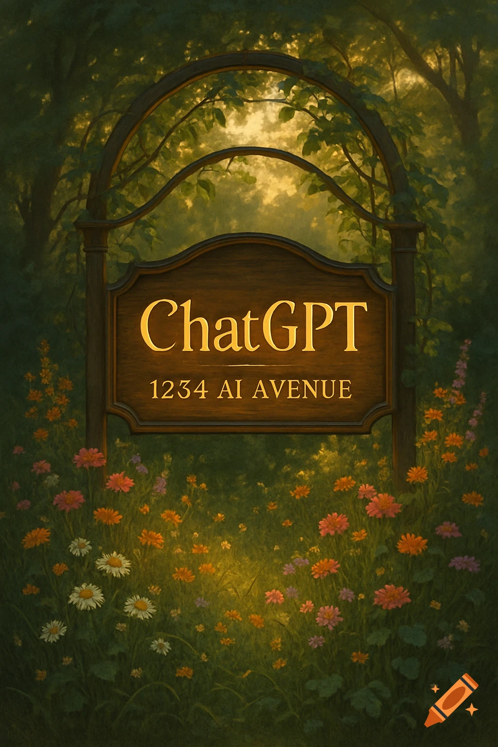 A rustic wooden sign with an arched top, reading "ChatGPT" and "1234 AI AVENUE," stands amidst a lush forest with colorful wildflowers and sunlight filtering through the trees, in an art style.
