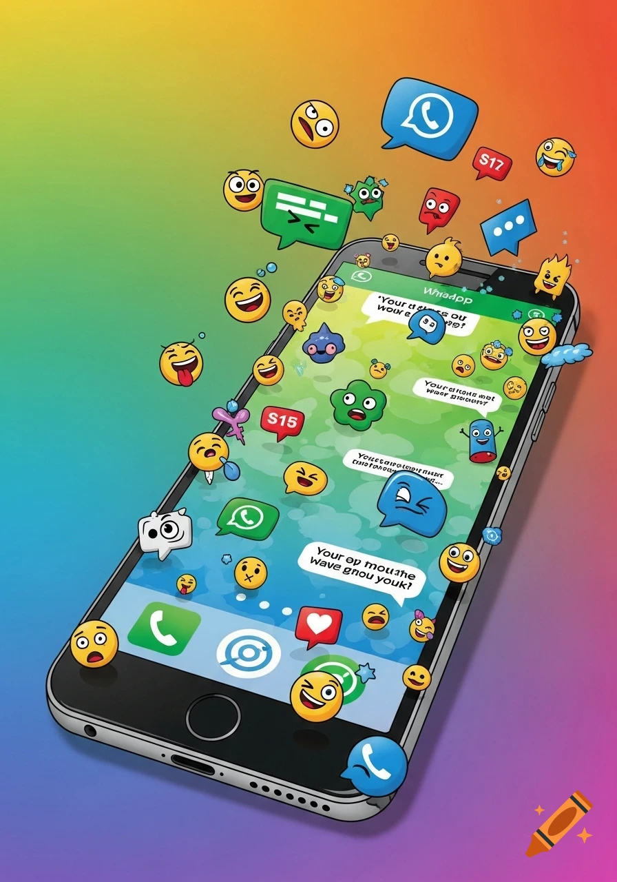 An illustrated smartphone displaying a WhatsApp-like chat screen with gibberish text, surrounded by various floating emojis on a rainbow background.