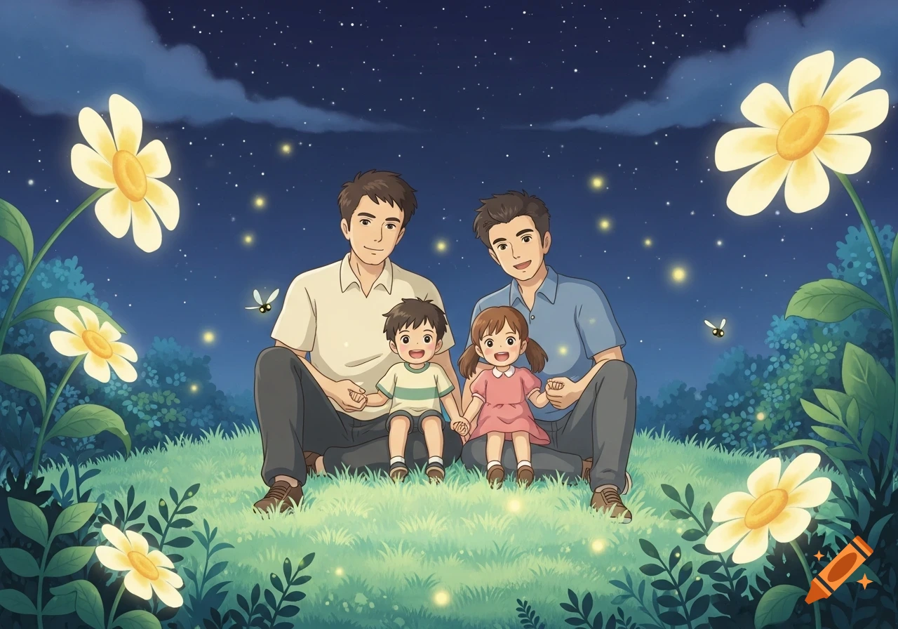 Studio Ghibli-style illustration of a happy family of four, two parents and two children, sitting in a lush night garden with glowing flowers and fireflies.
