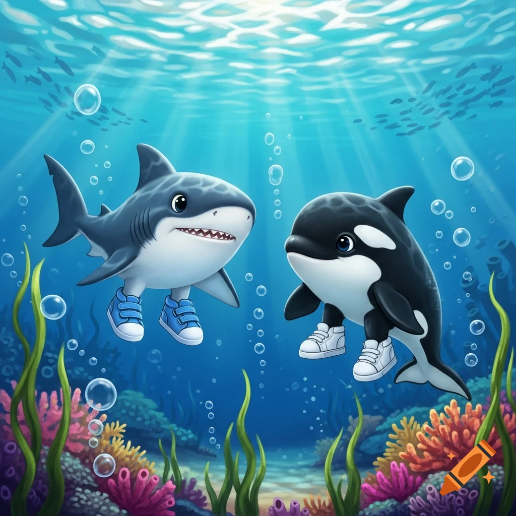 A cute cartoon baby shark in blue shoes and a baby orca in white shoes swim together underwater among coral and bubbles.
