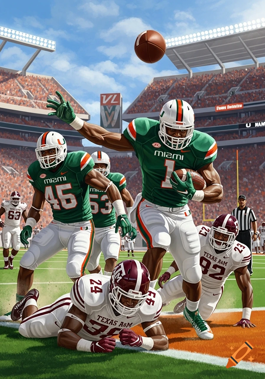 Illustrated scene of a college American football game, with a player in a green "Miami" jersey running with the ball past a fallen "Texas A&M" player in a stadium filled with spectators.
