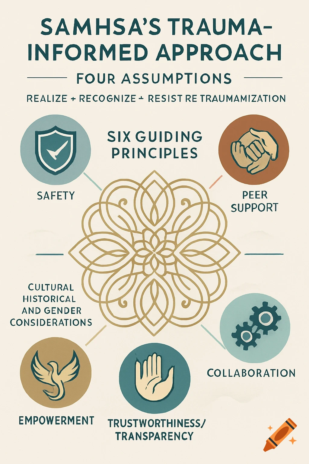 An infographic detailing SAMHSA's trauma-informed approach with four assumptions and six guiding principles, illustrated with icons like a shield, clasped hands, gears, a dove, and an open hand.