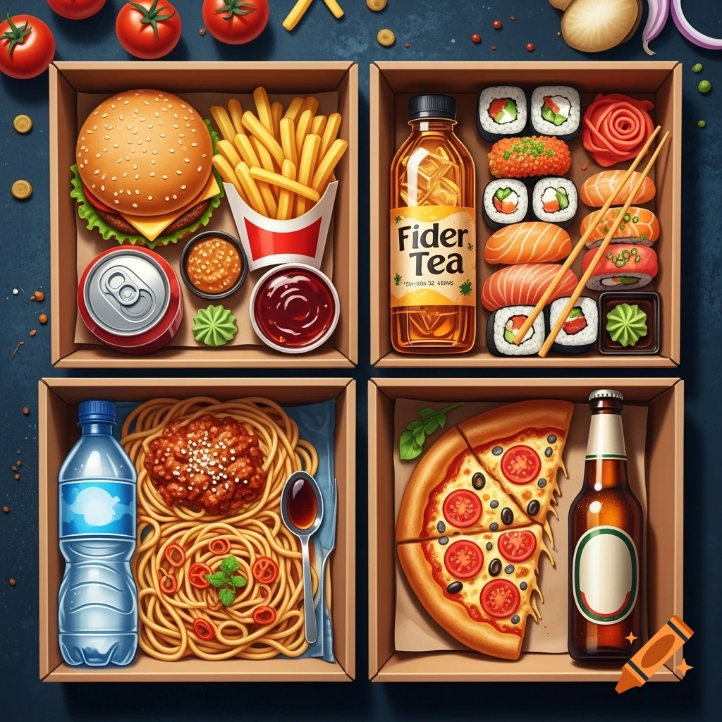 An overhead view of four cardboard boxes, each containing a different meal. Meals include a burger with fries, sushi, spaghetti, and pizza with a beer.