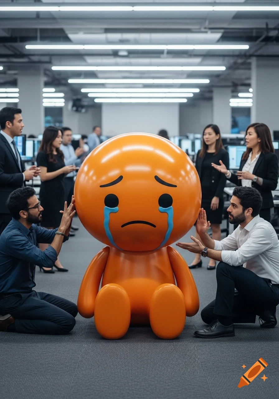 A giant orange crying emoji character is consoled by two men in a modern office, surrounded by other employees.