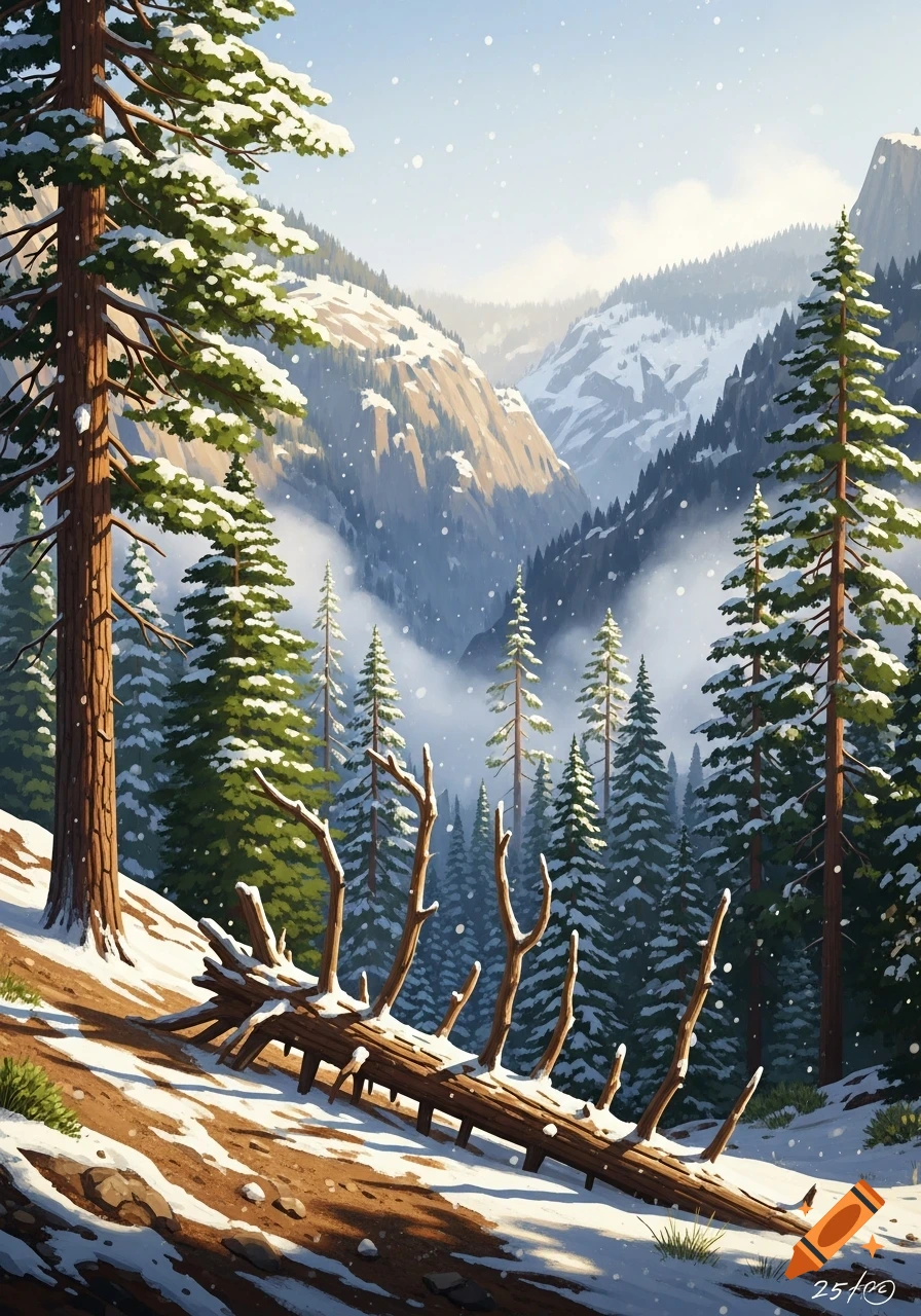 Stylized winter landscape featuring snow-covered pine trees, a fallen log on a snowy slope, and distant mountains under a bright sky.