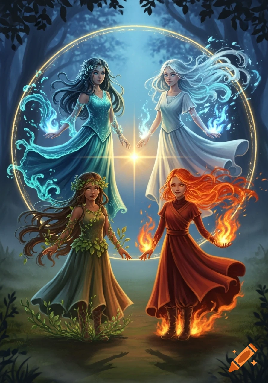 Four women representing water, air, earth, and fire elements stand in a mystical glowing circle in a forest. Digital art.