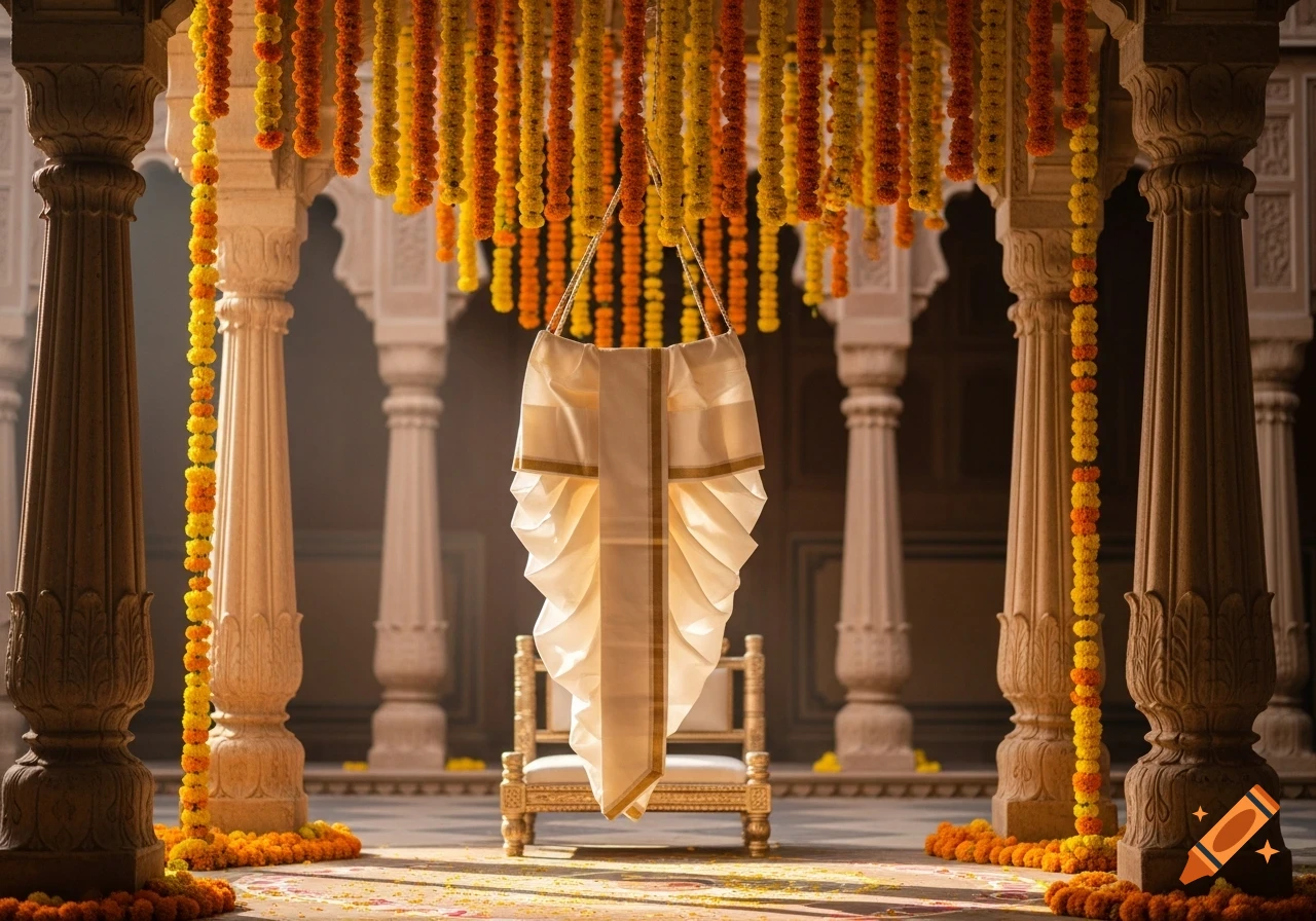 A cream-colored ceremonial cloth hangs under an archway decorated with yellow and orange marigold garlands and ornate pillars in an Indian wedding setting.