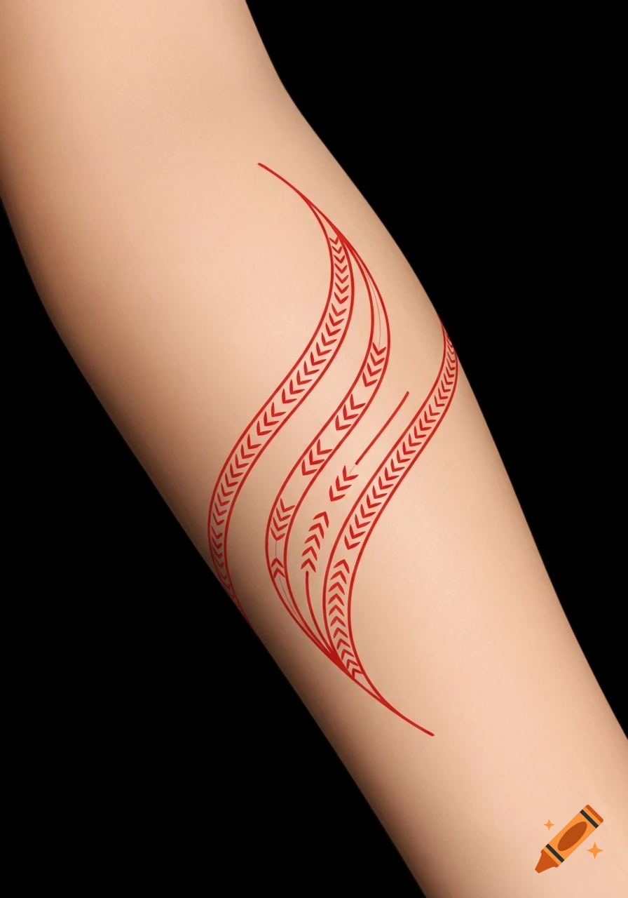 A forearm with a red tattoo of three winding lines filled with chevron patterns.
