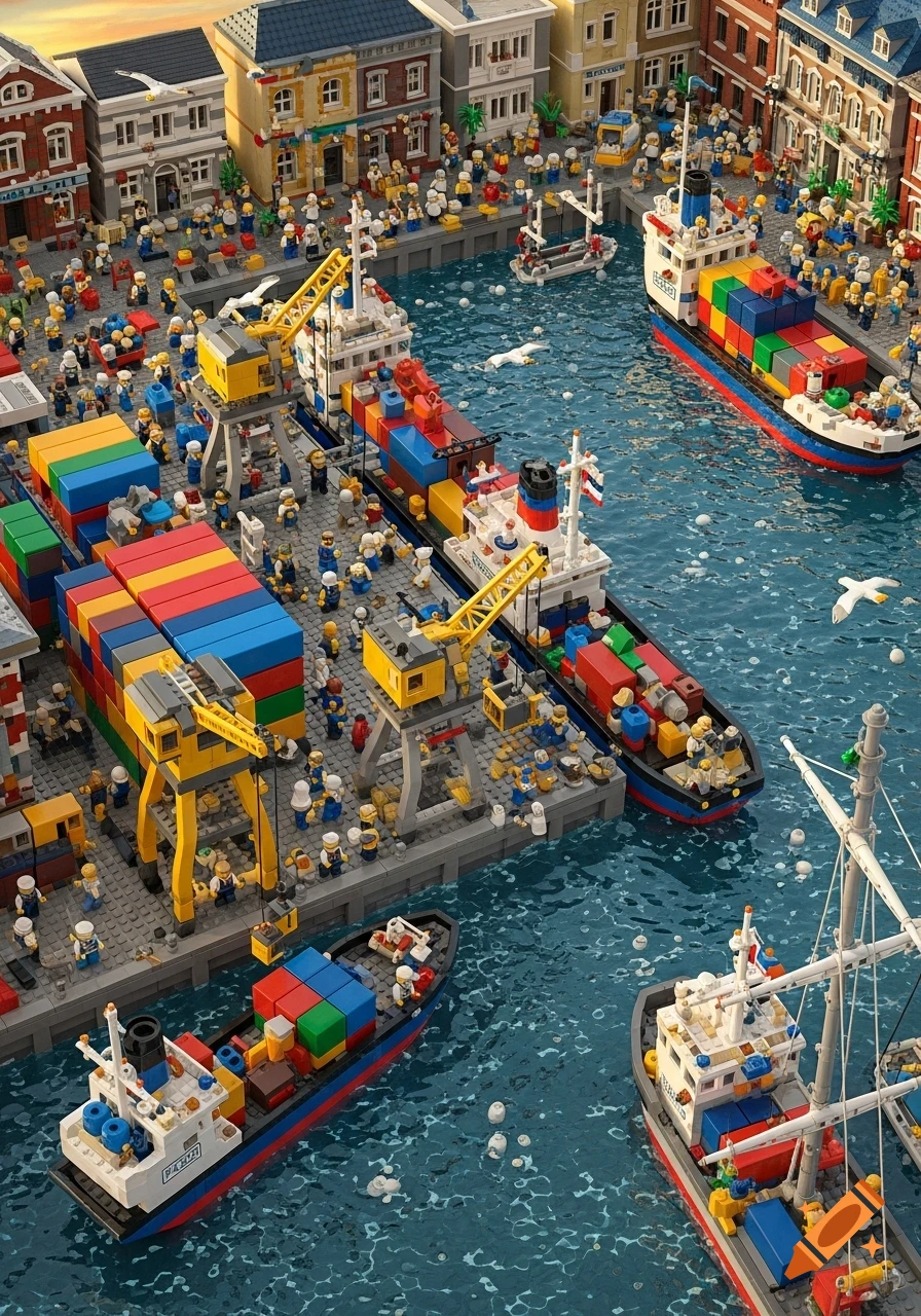 An overhead view of a busy Lego harbor scene with cargo ships, cranes, buildings, and many minifigure workers.