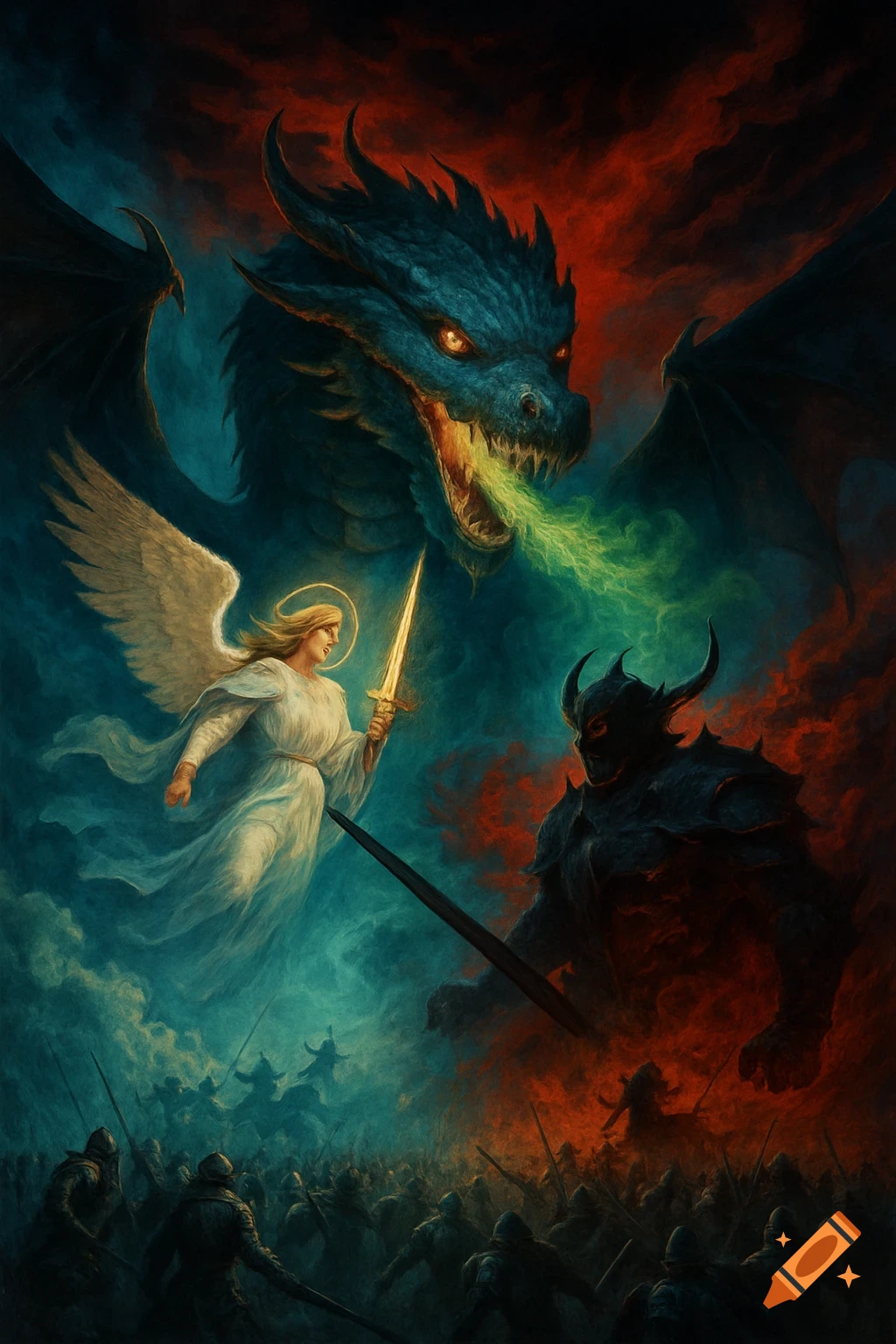 A vibrant fantasy painting of a blue dragon breathing green fire over a battle between an angel, a demon, and armies of knights.