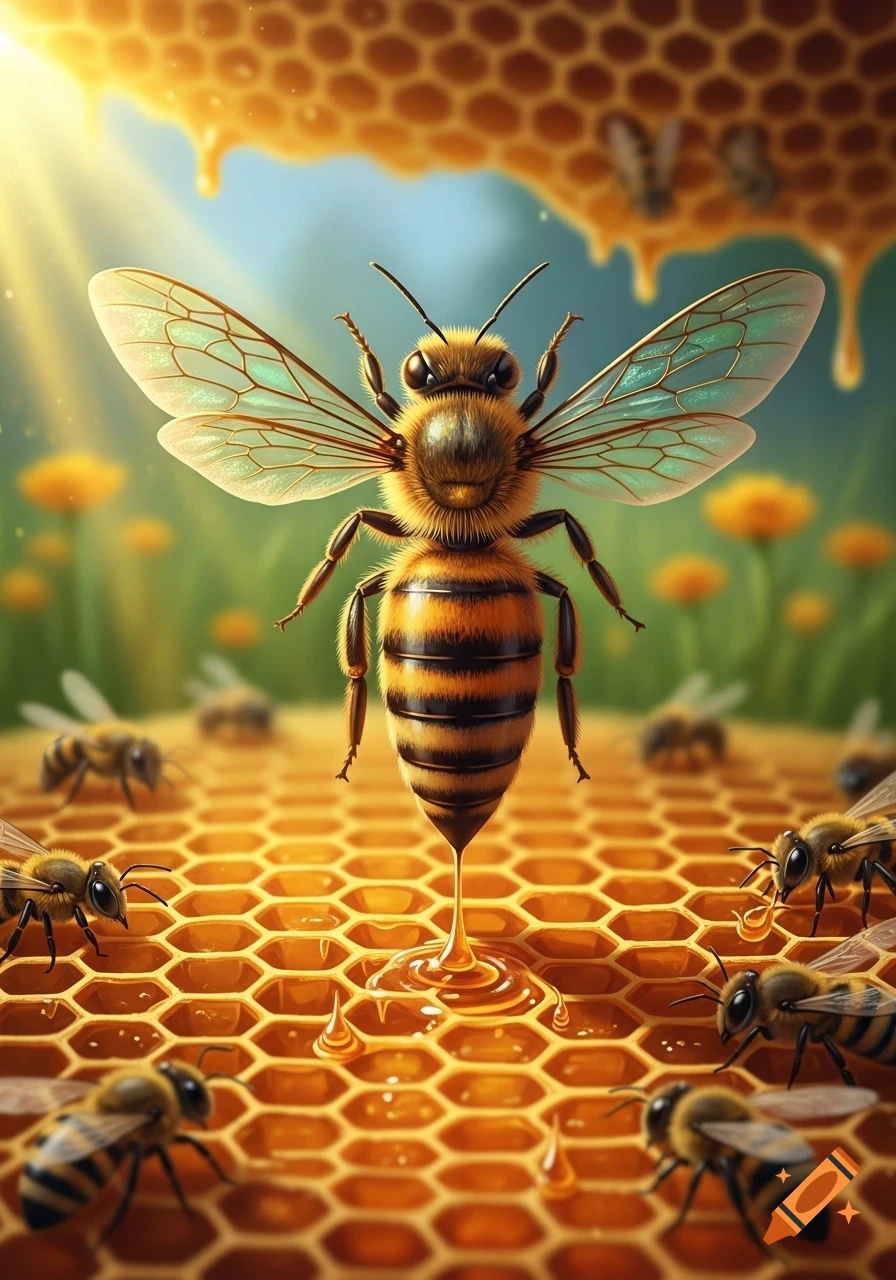 A large, detailed bee stands on a golden honeycomb, dripping honey, with other bees and a sunny nature background.
