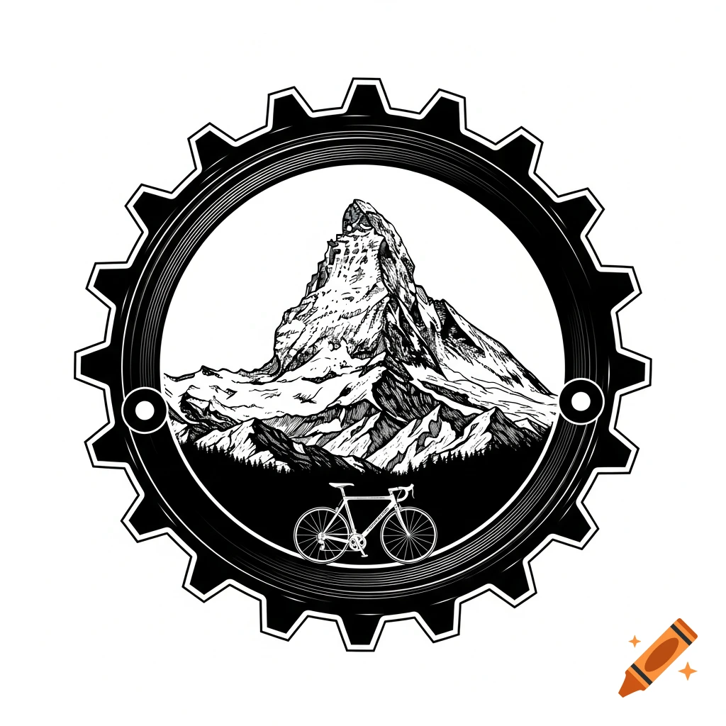 Black and white stylized illustration of a mountain and a racing bike within a gear.