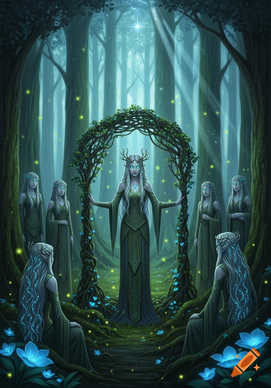 A central elf-like woman with antlers and glowing eyes stands under a vine arch, surrounded by other elves in a mystical, glowing forest.