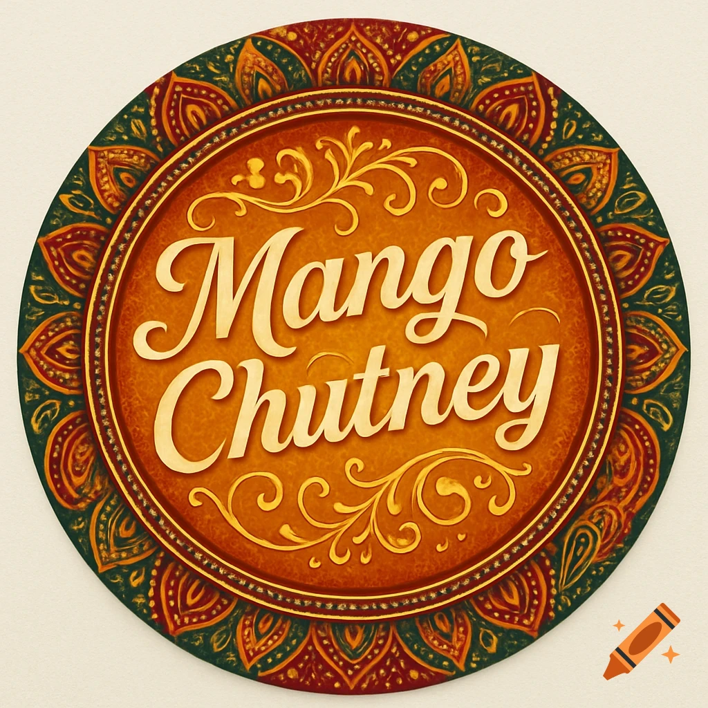 Circular label for 'Mango Chutney' with intricate gold, orange, red, and green Indian mandala patterns.