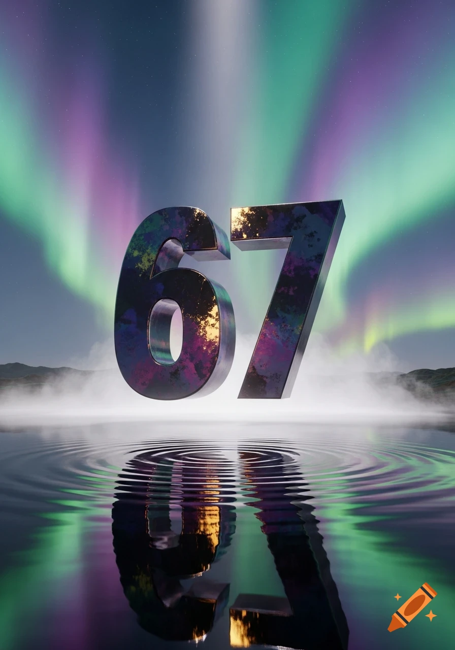 3D rendered numbers "67" floating above water with ripples, reflecting the numbers and a vibrant green and purple aurora borealis in the night sky.