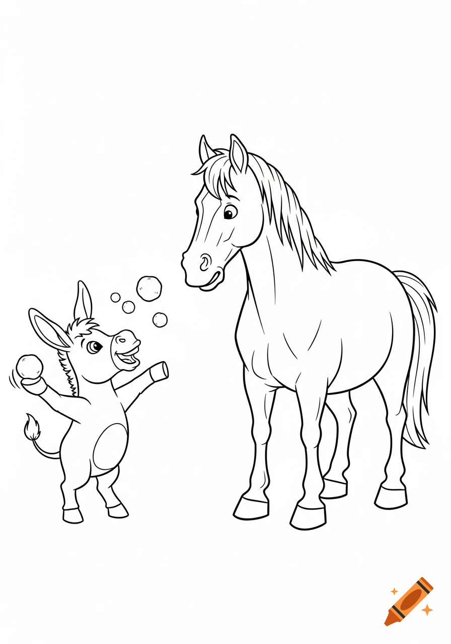 A playful cartoon donkey holds a snowball near a horse, with bubbles floating, in black and white line art coloring book style.