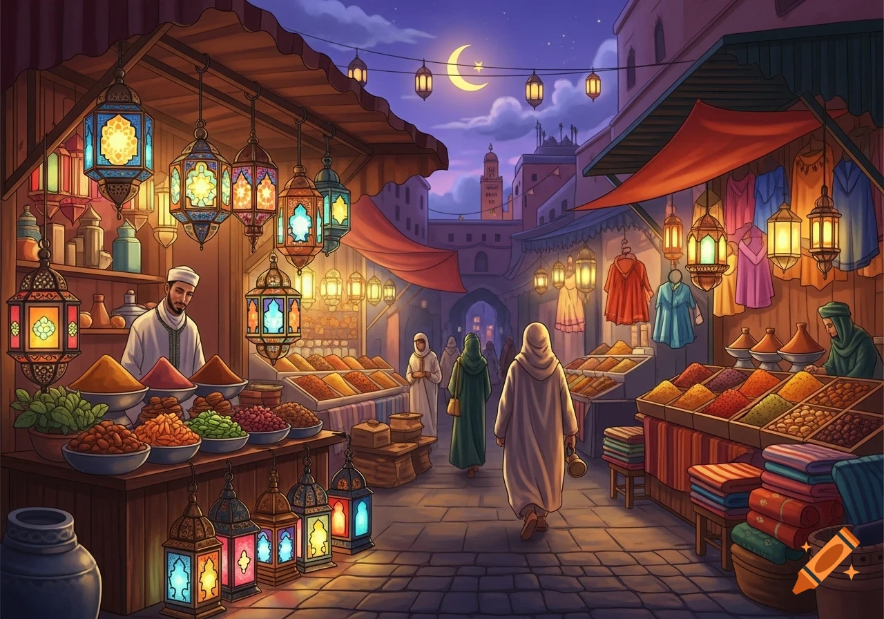 Vibrant night scene of a Moroccan market with stalls full of spices and lanterns, and people walking by under a crescent moon. Stylized illustration.