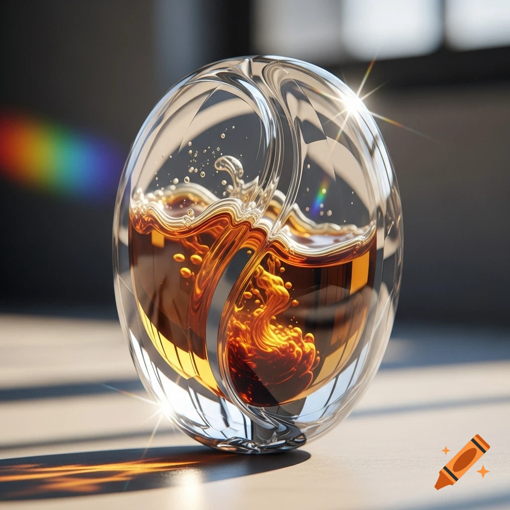 A spherical glass art piece with golden-brown liquid inside, illuminated by sunlight creating reflections and a rainbow prism.