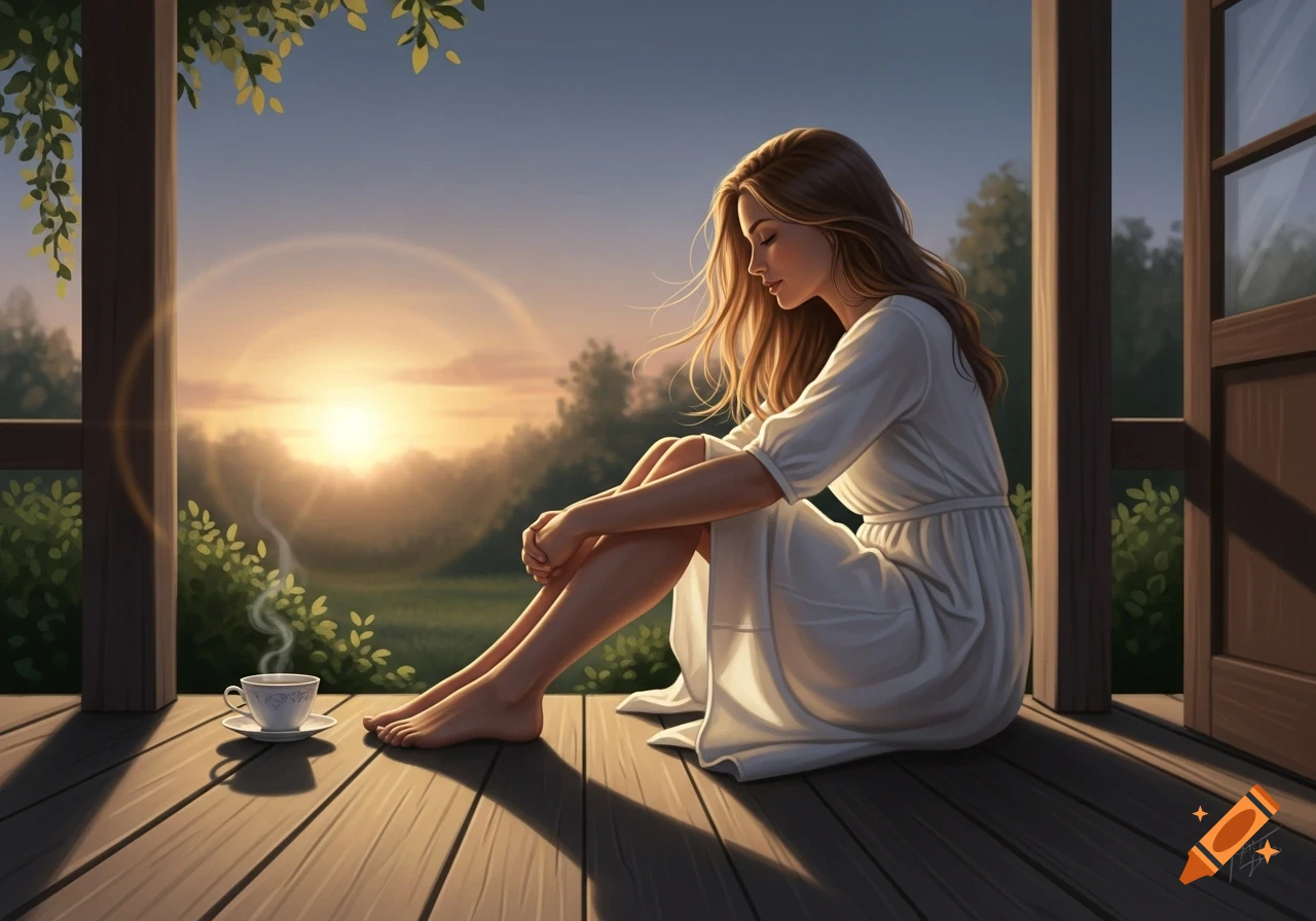 A barefoot woman in a white dress sits on a wooden porch at sunrise, with a steaming cup of tea nearby.