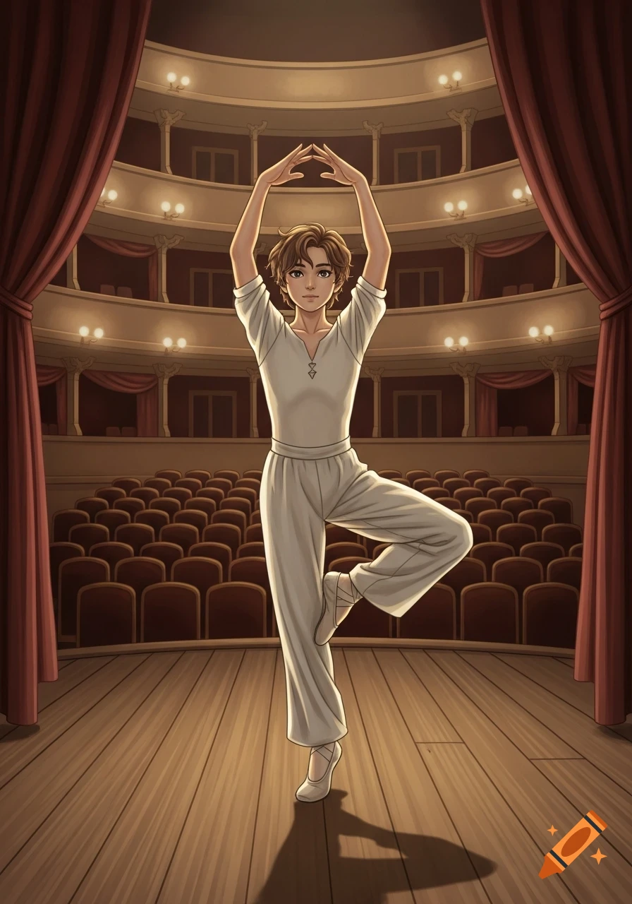 An illustration of a young male ballet dancer posing on a wooden stage in an empty theater with red seats.