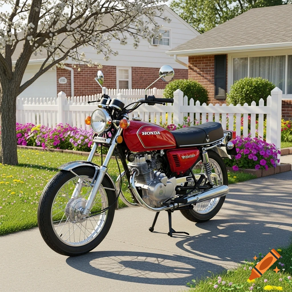 Photorealistic image of a red Honda motorcycle parked on a paved driveway in front of a white picket fence and a suburban house.