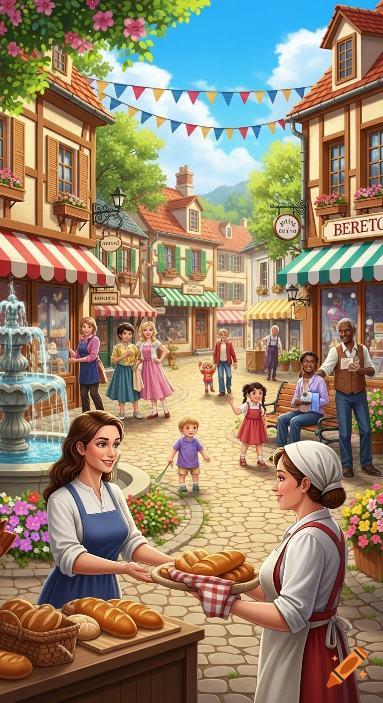 A bustling cartoon village square with people, shops with awnings, a fountain, and flowers, featuring bakers offering fresh bread in the foreground.