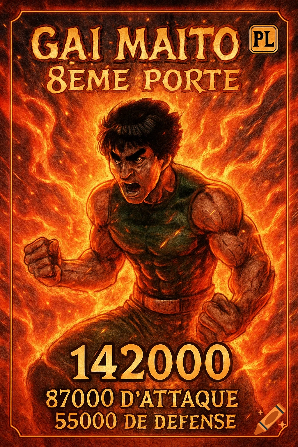 Anime trading card featuring muscular Gai Maito engulfed in a fiery aura, with text 'Gai Maito 8eme Porte' and power stats.